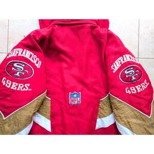San Francisco 49ers 90s STARTER puffer LOGOS jacket M red gold NFL Pro Line vtg